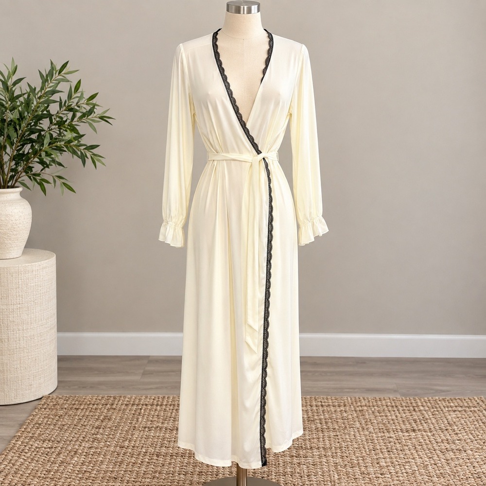 Anna-Kaci Robe Cream Lace Trim Ruffle Cuff Long Wrap Loungewear XL